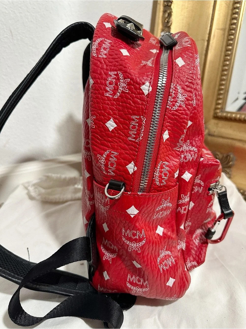 Worn Once MCM Stark Backpack in White Visetos Viva Red Stud